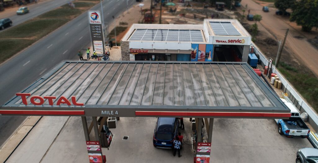 Commercial solar power in Ghana installed on a fuel station canopy