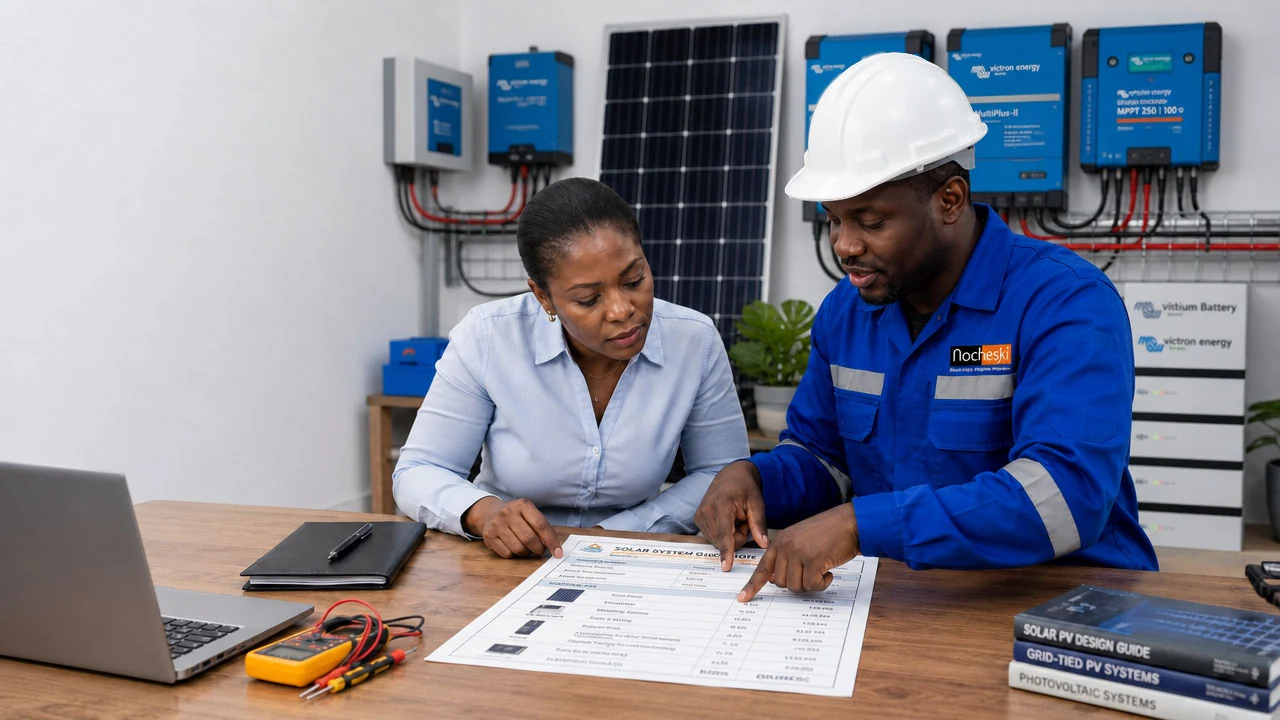 Ghanaian customer and Nocheski Solar engineer comparing professional solar quotation
